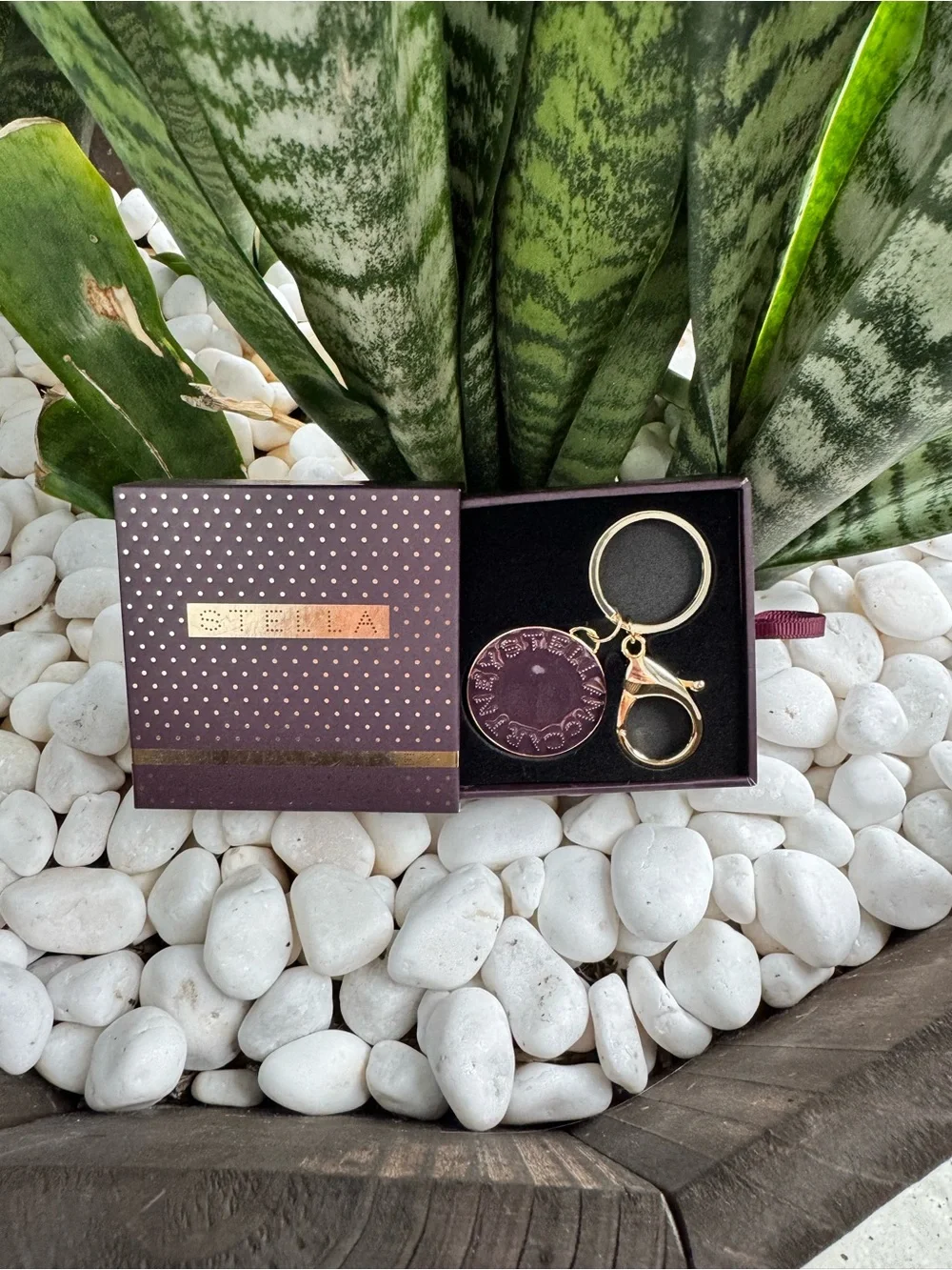 Stella McCartney Plum Logo Keychain Bag Charm Gold Tone NIB